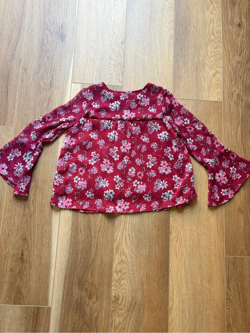 Justice Floral Bell-Sleeve Blouse - Burgundy with Pink Flowers